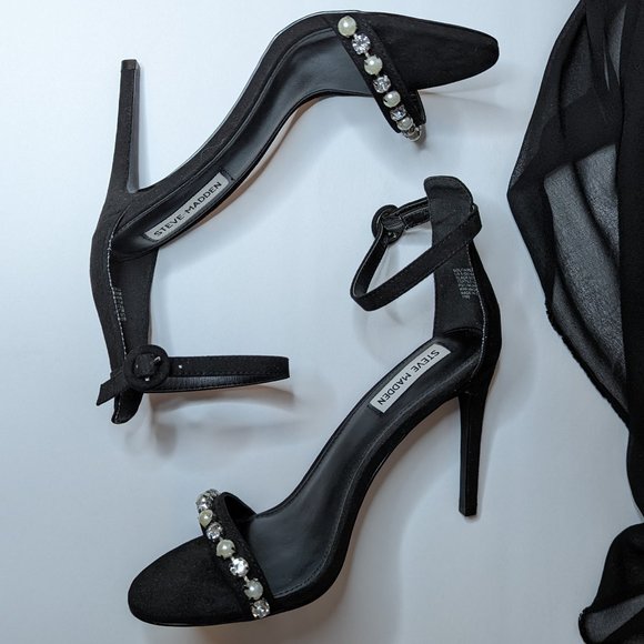 STEVE MADDEN Solitaire Stiletto Sandals Diamond Pearl Studs Ankle Strap Size 9 - Picture 6 of 15